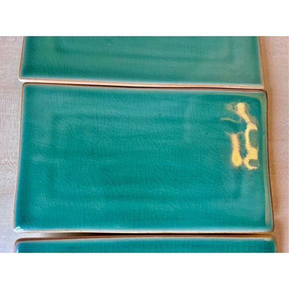 Rectangular Asian Green Crackle Ceramic Sushi Plates Le Gourmet Chef Set Of 4 - Picture 4 of 11